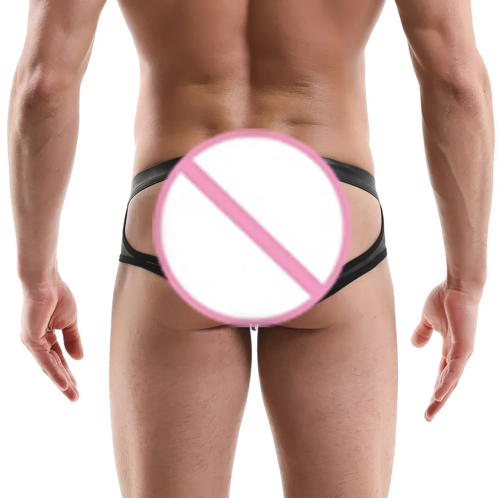 

Men Briefs Sexy Underpants Solid Color Hollow Out Imitation Lacquer Leather Chain Pants Comfortable And Breathable Underpants