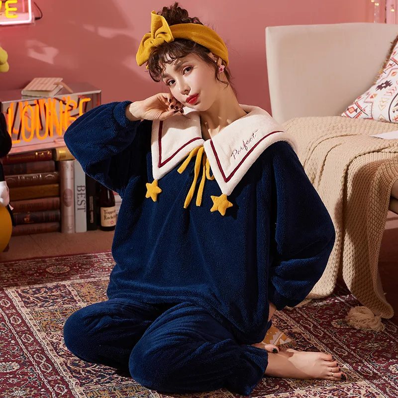 SOUGEN Winter Thick Warm Flannel Cute Pajamas Sets For Women Sleepwear Long Sleeves Clothing Home Wear Soft Pyjamas Set Female