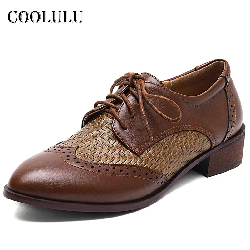 

COOLULU New Fashion Pumps Women Shoes Lace Up Med Heels Chunky Heel Dress Shoes Pointed Toe Ladies Footwear Retro Brown Size 46