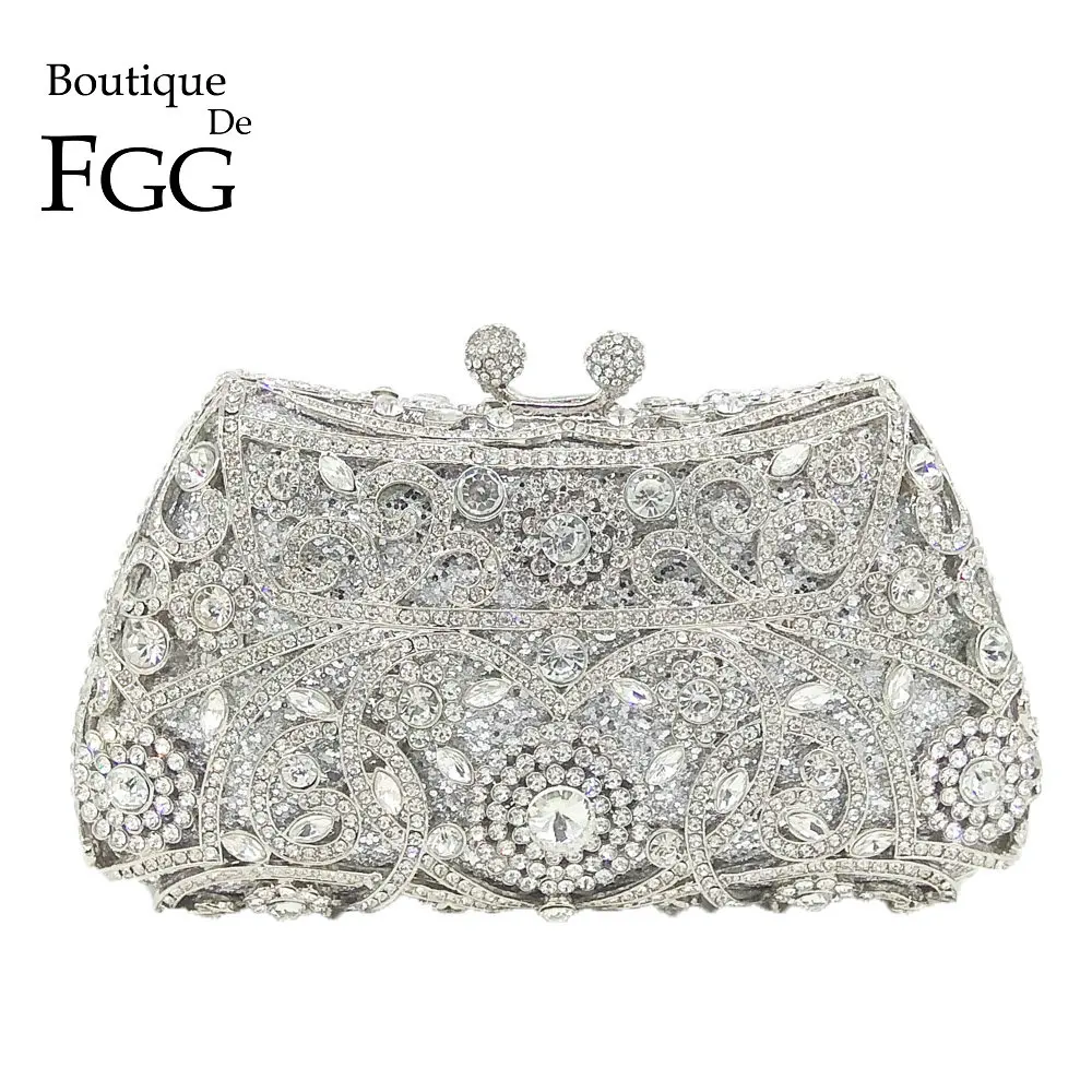 Boutique De FGG Мини женские Серебристые вечерние сумки с кристаллами