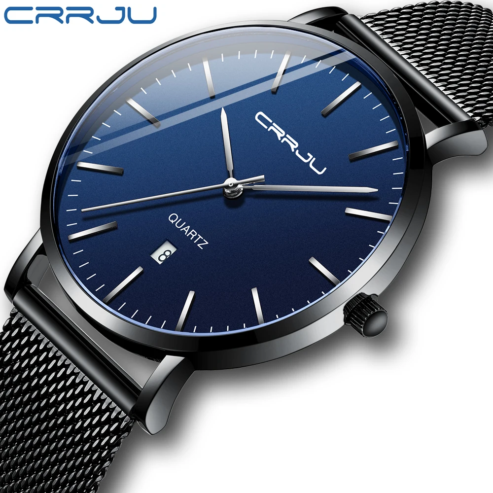 CRRJU Casual Business WatcH Mens Mesh Watches Ultra Thin Casual Quartz Watch for Men Sport Date Clock Relogio Masculino