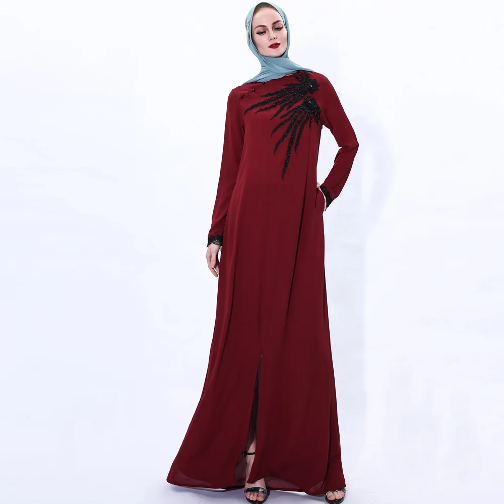 Платье женское вечернее с бусинами, модное свободное элегантное в мусульманском стиле, исламском, египетском, винно-красном цвете, на молни...