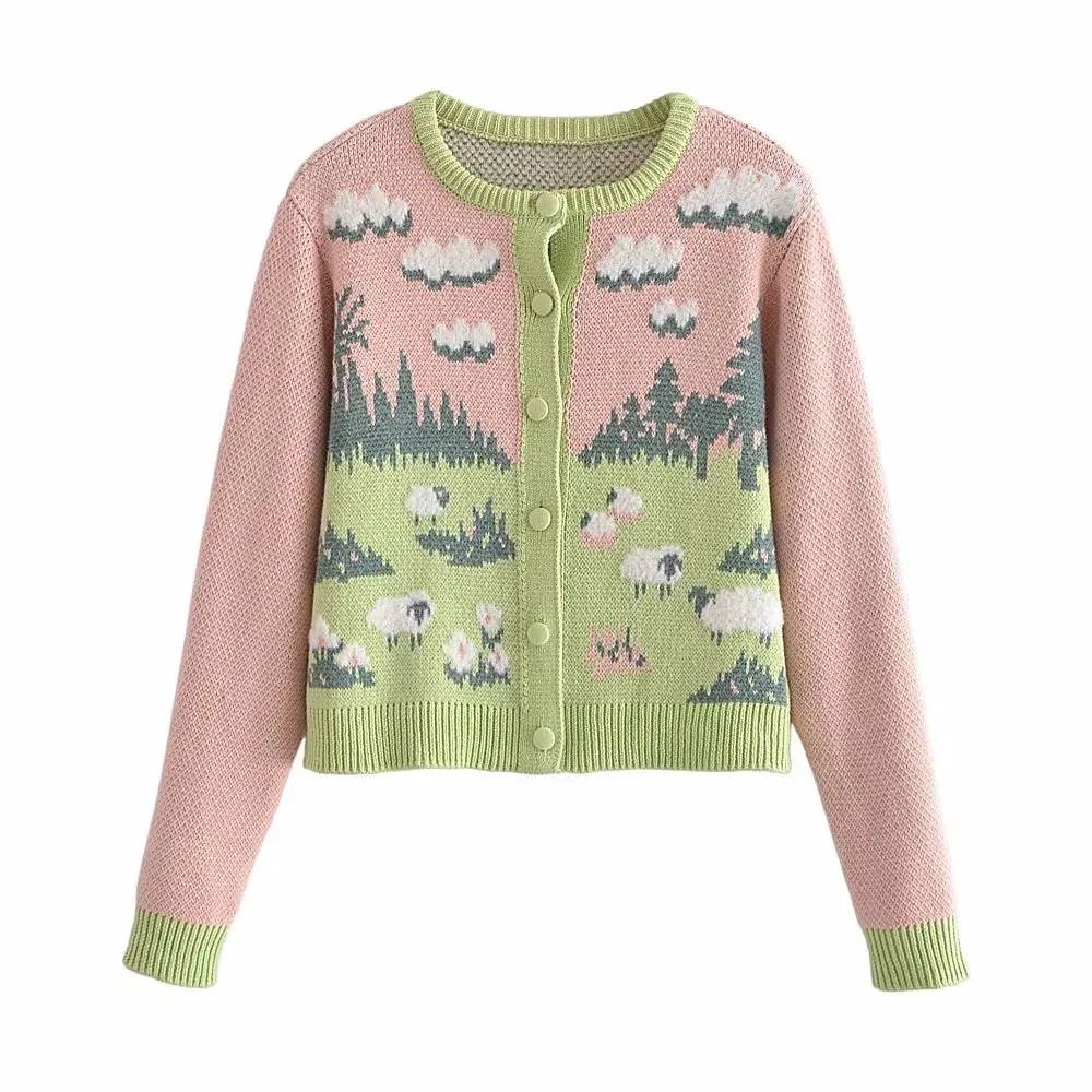 

XEASY 2021 New Summer Women Vintage Cute Cartoon Sweater Girl Sweet Cute Knitted Slim Cardigan Female Round Neck Chic Top