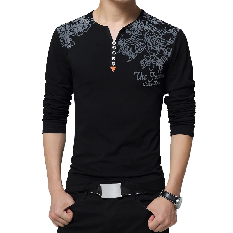 

FAKUNTN 2021 Autumn Fashion Floral Print Men T-shirt Henry Collar Button Decorate Long Sleeve T-shirt for Men Tops Plus Size 5XL