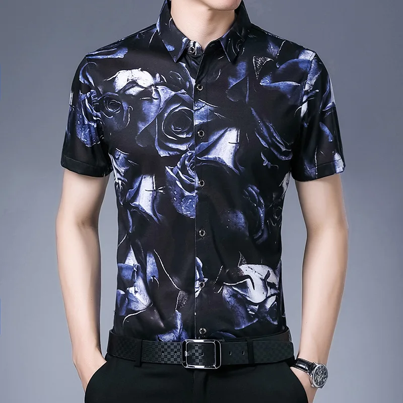 

Креативная Роскошная рубашка с принтом темно-фиолетовых роз, летняя Высококачественная мягкая удобная ледяная крутая Мужская рубашка с коротким рукавом, женская