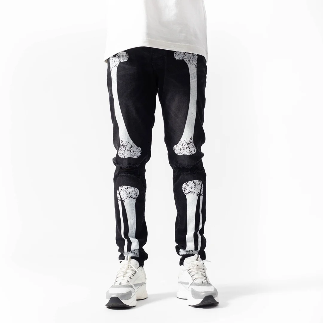 

High Street Quality wash do old skull print hole stretch slim foot jeans men