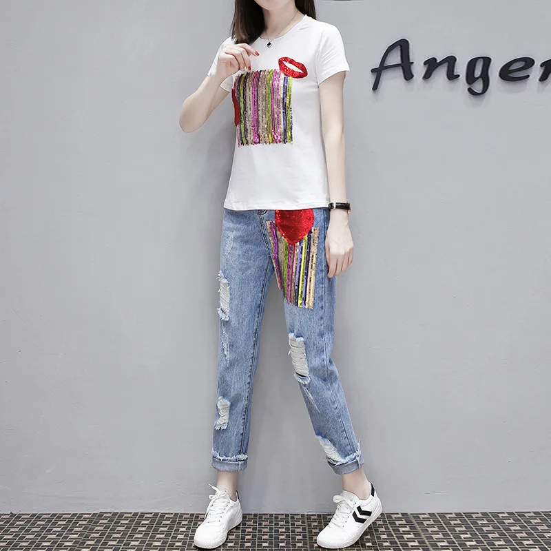 

Fashion Summer Women Hole Ripped Jeans Two Piece Set Sequined Short Sleeve T-shirt Tracksuit Streetwear Slim Fit Ensemble Femme