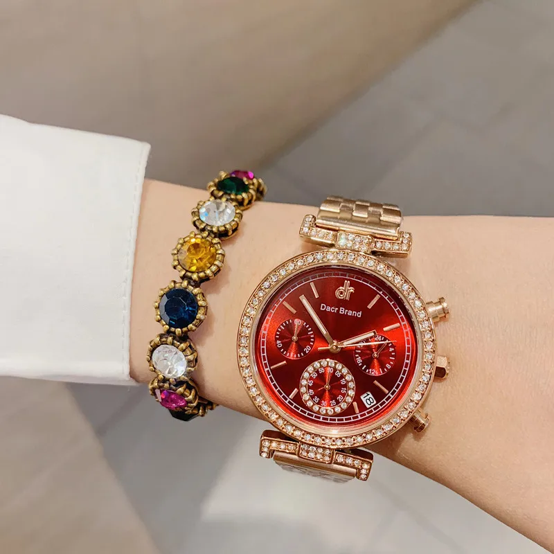 Сверкающих красный Сталь браслет часы для Для женщин реальные маленькие стрелки
