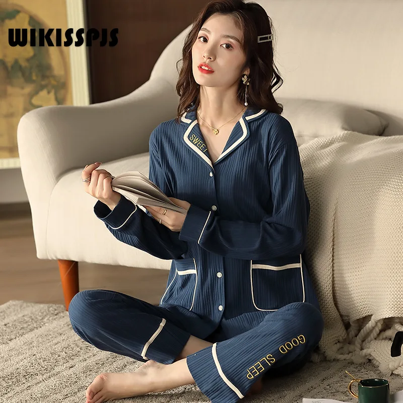 WIKISSPJS Spring  Autumn Cotton Long Sleeve Loose Fitting Home Clothes Home Cardigan Two Piece Suit Plus Size  Loungewear