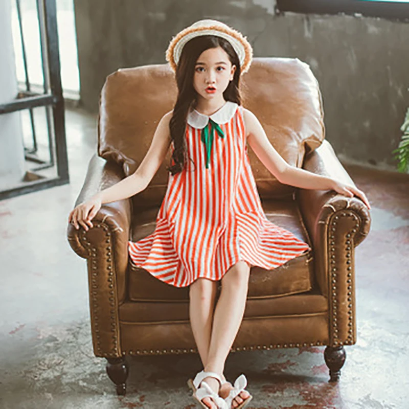 

Striped Stitching Dress Kids Dresses For Girls Sleeveless Big Girls Princess Dresses Party Mesh Dresses Summer Leisure Dress