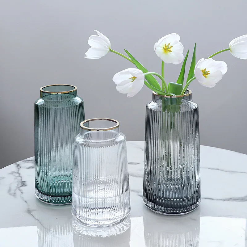 

Light Luxury Glass Stripe Nordic Vase Modern Bedroom Living Room Flower Arrangement Decoration Indoor Dry Flower Decoration