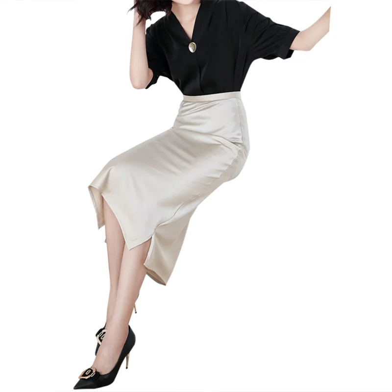 Новая шелковистая юбка с высокой талией атласная юбка-трапеция средней длины