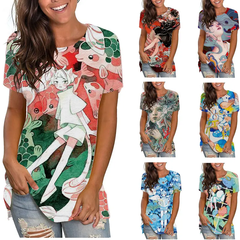 

Fashion Women Summer Round Collar Casual Cartoon Cartoon Character 3d Print T Shirt Top Plus Size Short Sleeves