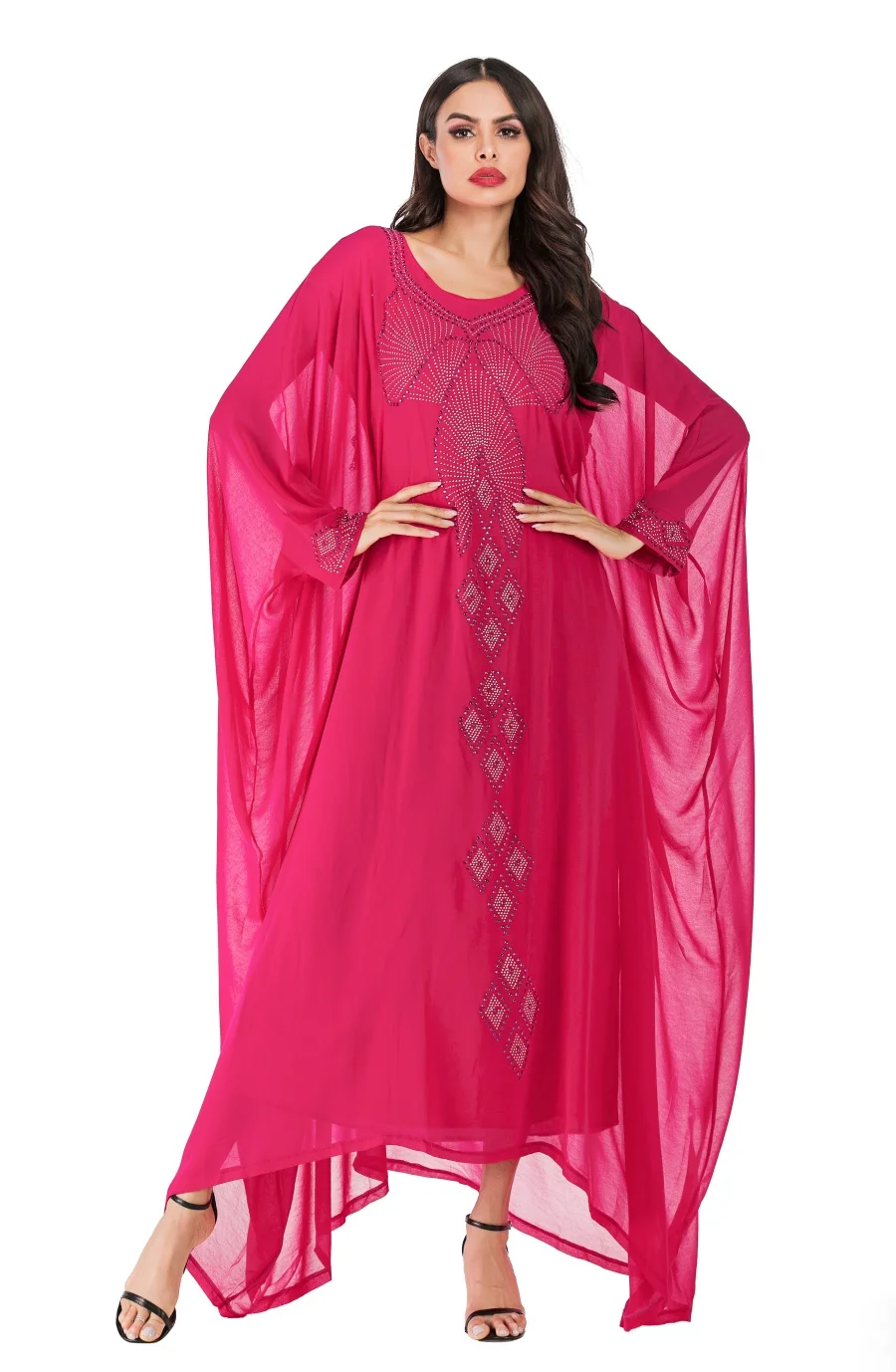 Siskakia Vintage Ethnic Abaya Dress Fashion Batwing Sleeve O Neck Hot Fix Rhinestone Dressing Gowns Rose Red Plus Size for Women