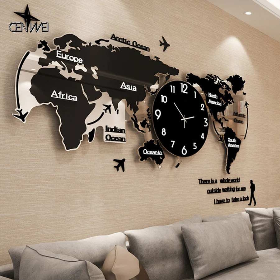 World Map Wall Clock Luminous Modern Design for Living Room Glow in Dark Large Acrylic Sticker Watch Home Decor | Дом и сад