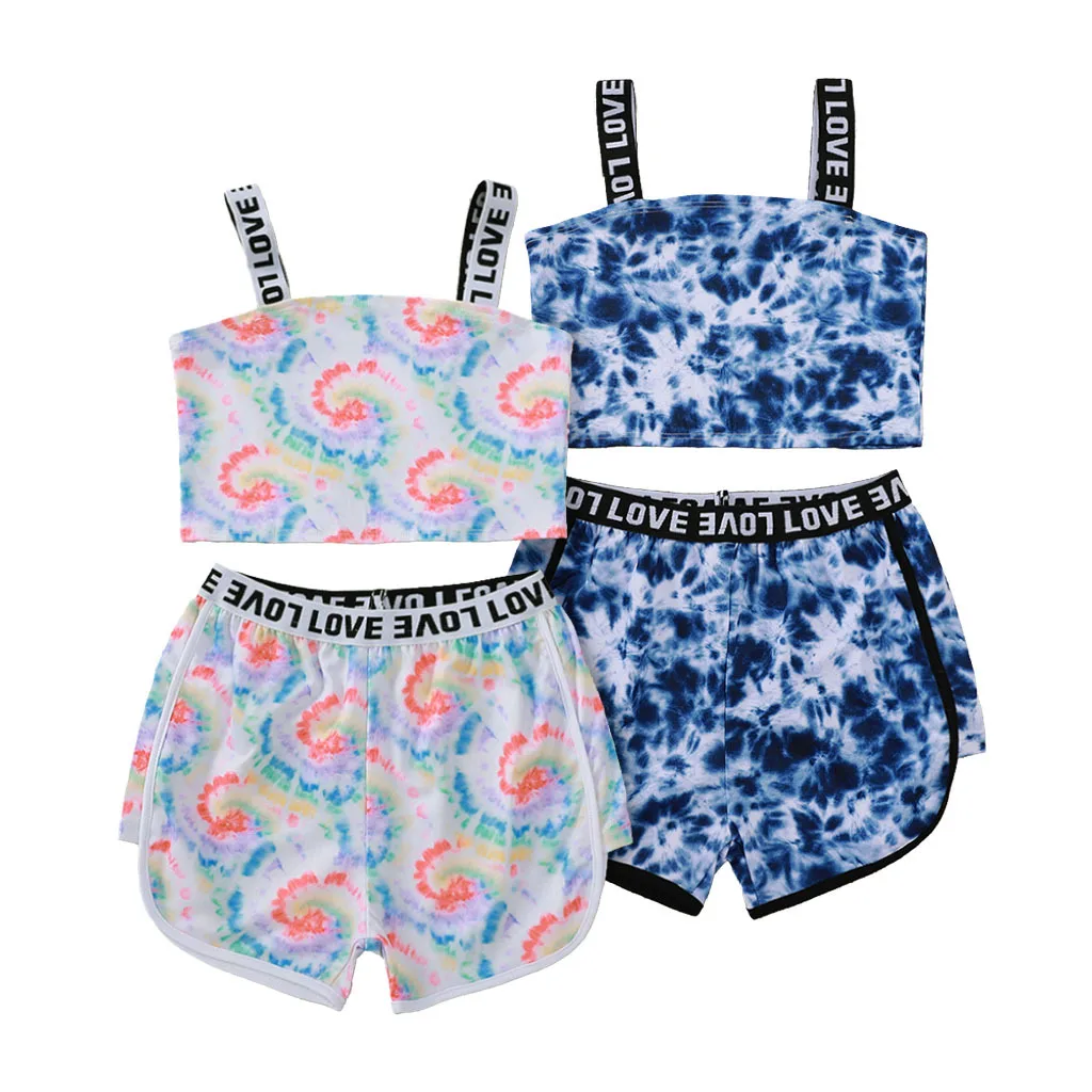 

2021 Summer Children Sets Strap Letter Short Tops Tie-dye Letter Short Pants Cute Girls Boys Clothes Set 3-10T