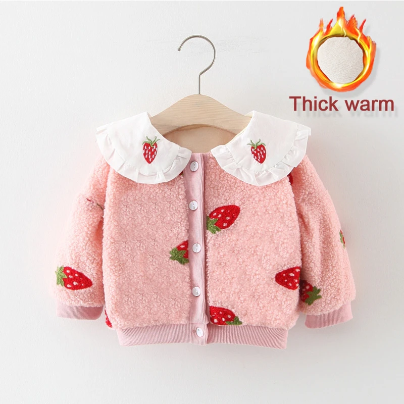 2019 Autumn Winter Girls Baby Clothes Jacket Cartoon Bear Strawberry Cherry Long Sleeve Plus Velvet Thick Warm Children's Coat | Детская