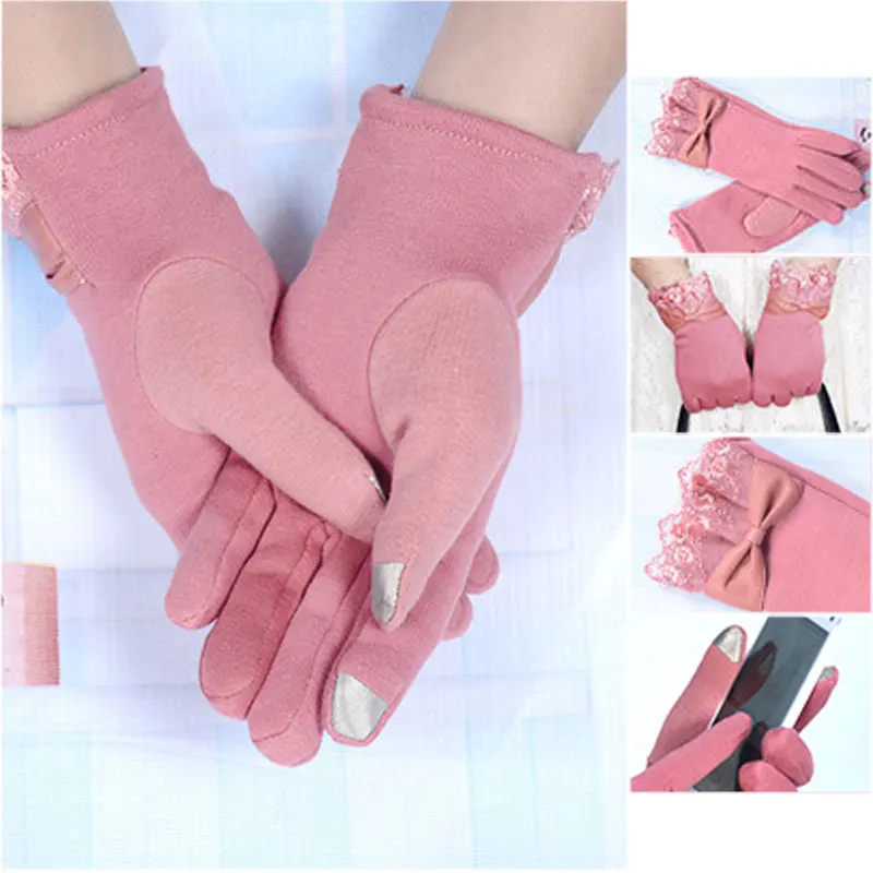 Новинка 1 пара модные женские зимние перчатки с кружевным бантом для телефона