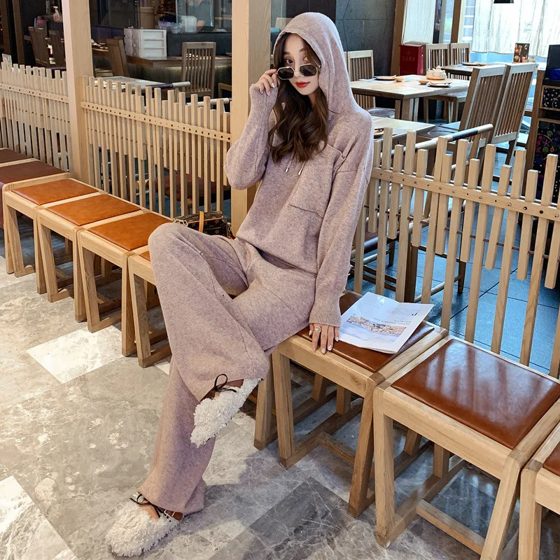 

2 Pieces Set Women Hooded Knitted Tracksuit Turtleneck Sweater + straight Pants Pullover Sweater Set Knitted Outwear+pant