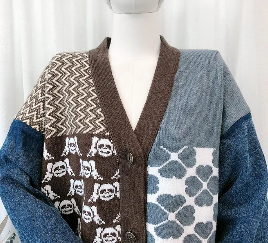 

Vintage Knitted Cardigan Sweater Women Patchwork Denim Coat V Neck Long Sleeve Knitwear Loose wool Blended Female Tops p2072