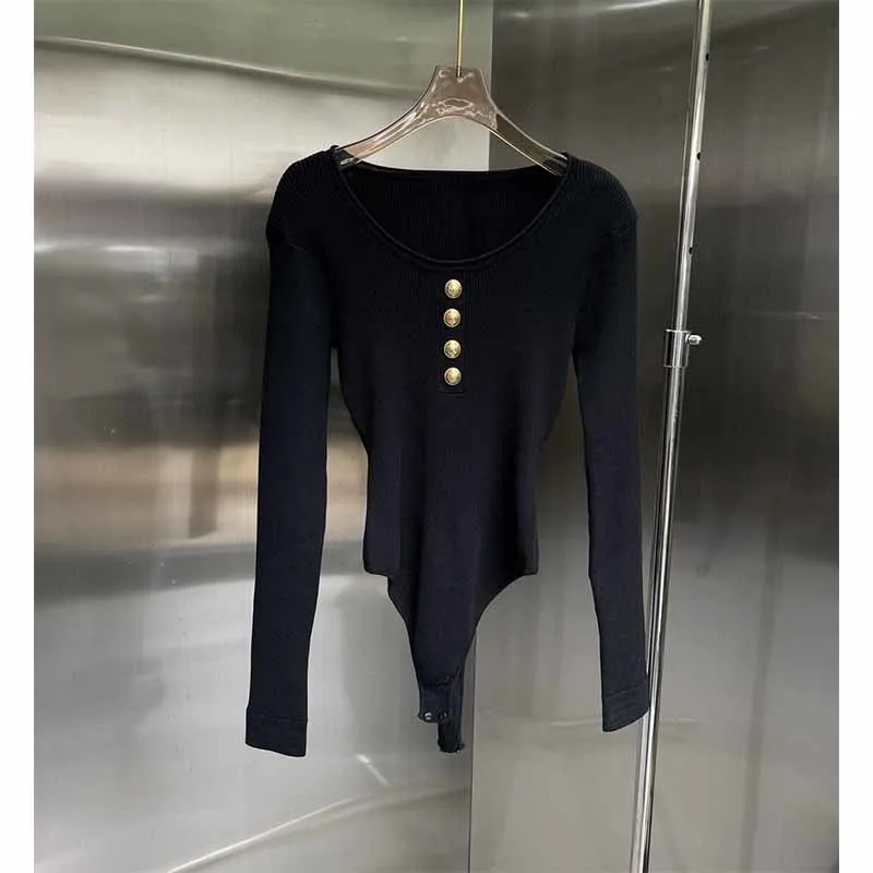 

Cosmicchic 2021 New Jumpsuit Women Long Sleeve Knitted One Piece Garment O-neck Gold Button Tight Fitting Overall Sexy One Piece