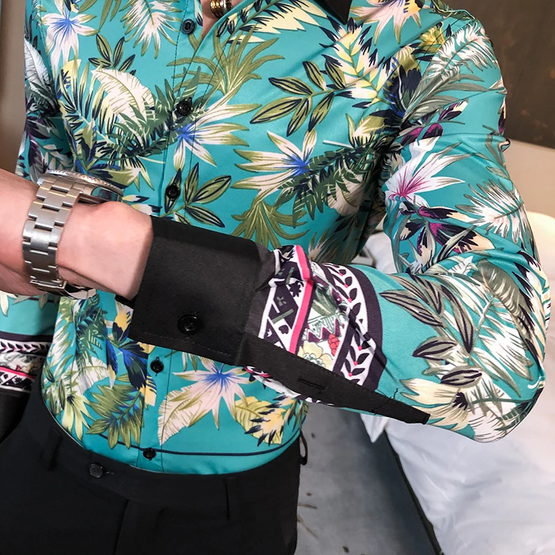 

Men's Slim Fit Shirt Full Floral Print Vintage Shirts for Mens Casual Hip Hop Party Tops Male High Quality Long Sleeve Clothing