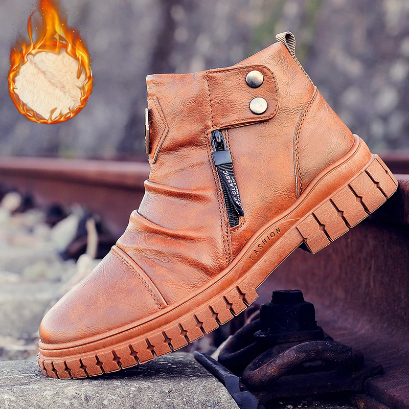 

Winter Plus Velvet Man Shoes Black Brown Martin Boots For Mens Fashion Cowboy Boots Men Comfortable Motorcycle Boots for Adult