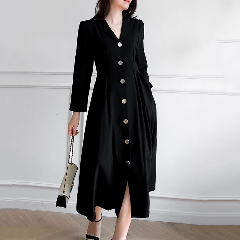 

[EAM] Women Elegant Single Breasted Black Pleated Dress New V-Neck Long Sleeve Loose Fit Fashion Tide Spring Autumn 2021 1DD5357