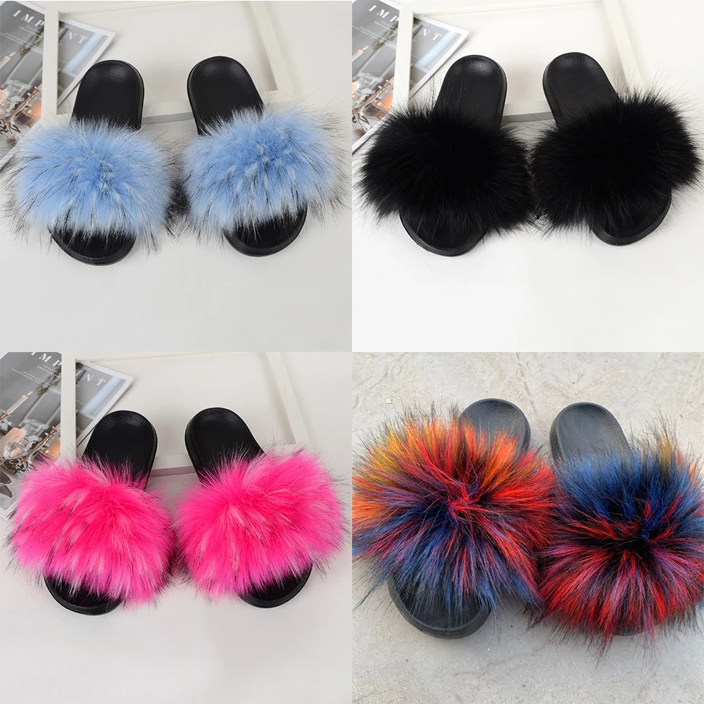 Шлепанцы женские из искусственного меха пушистые сандалии на плоской платформе