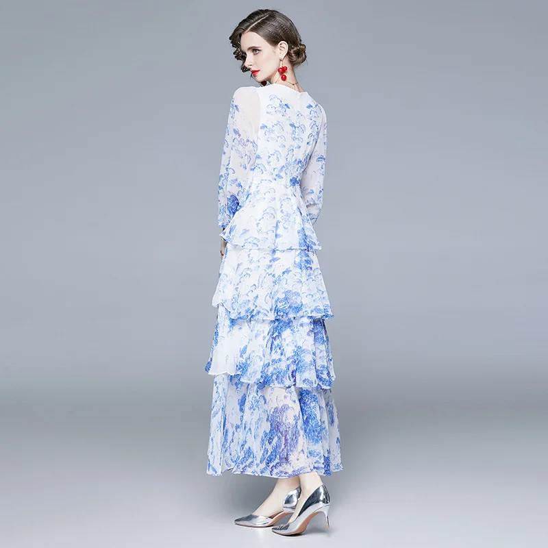

Banulin 2021 Spring Runway Floral Holiday Chiffon Dress Women's Puff Sleeve Vintage Print Big Swing Multi-Level Cake Long Dress