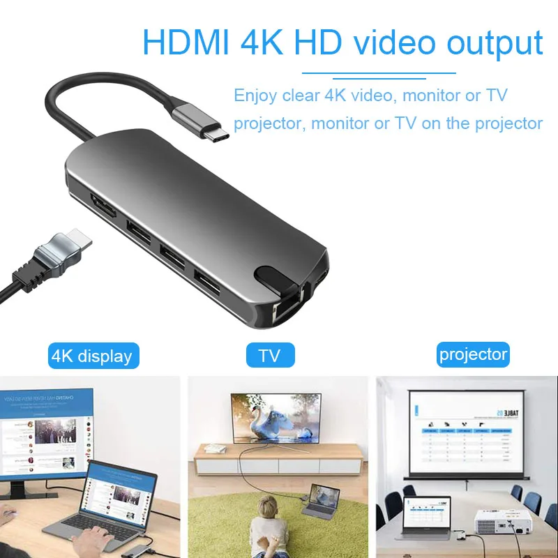 Basix USB C концентратор Многофункциональный usb хаб Type сплиттер USB3.0 HDMI compatibeRJ45 PD для