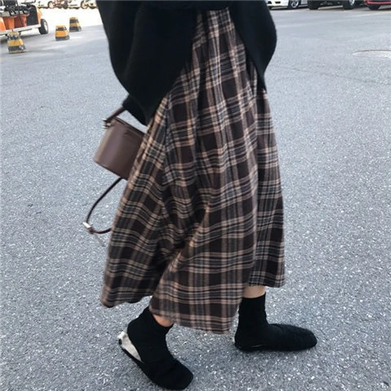 

Винтажная клетчатая юбка HOUZHOU, коричневая Женская длинная юбка миди в японском стиле Харадзюку с высокой талией, осенняя корейская мода в ст...