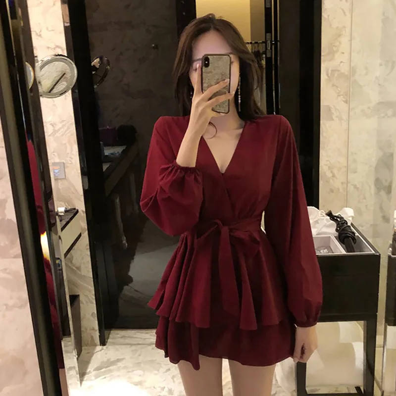 Сексуальные женские костюмы модные Свободные повседневные с глубоким V длинным рукавом высокие комбинезоны с талией