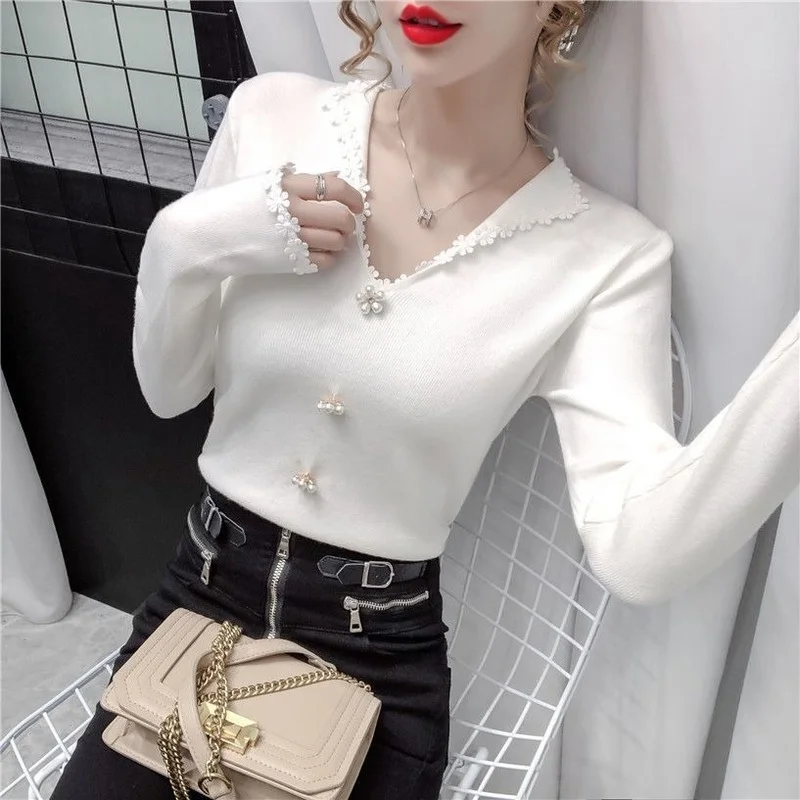 

Новинка Осень 2021 Корейская версия мягкого вощеного свитера с длинными рукавами Женский облегающий кружевной свитер с лацканами Удлиненная...