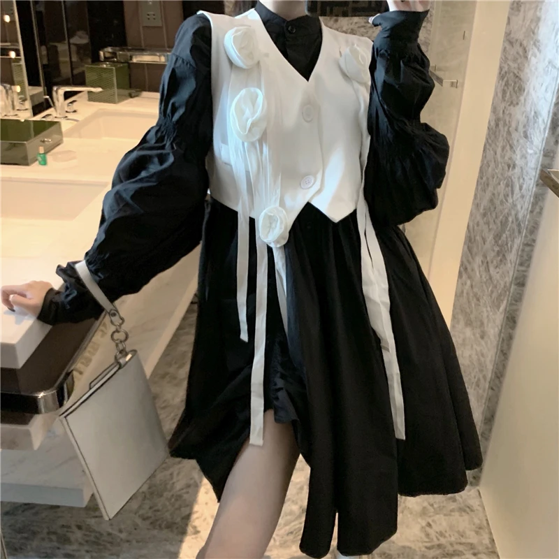 

2021 Spring Fashion Suit Women Solid Color V-neck Flower Short Waistcoat+irregular Slit Puff Sleeve Dress Two-piece
