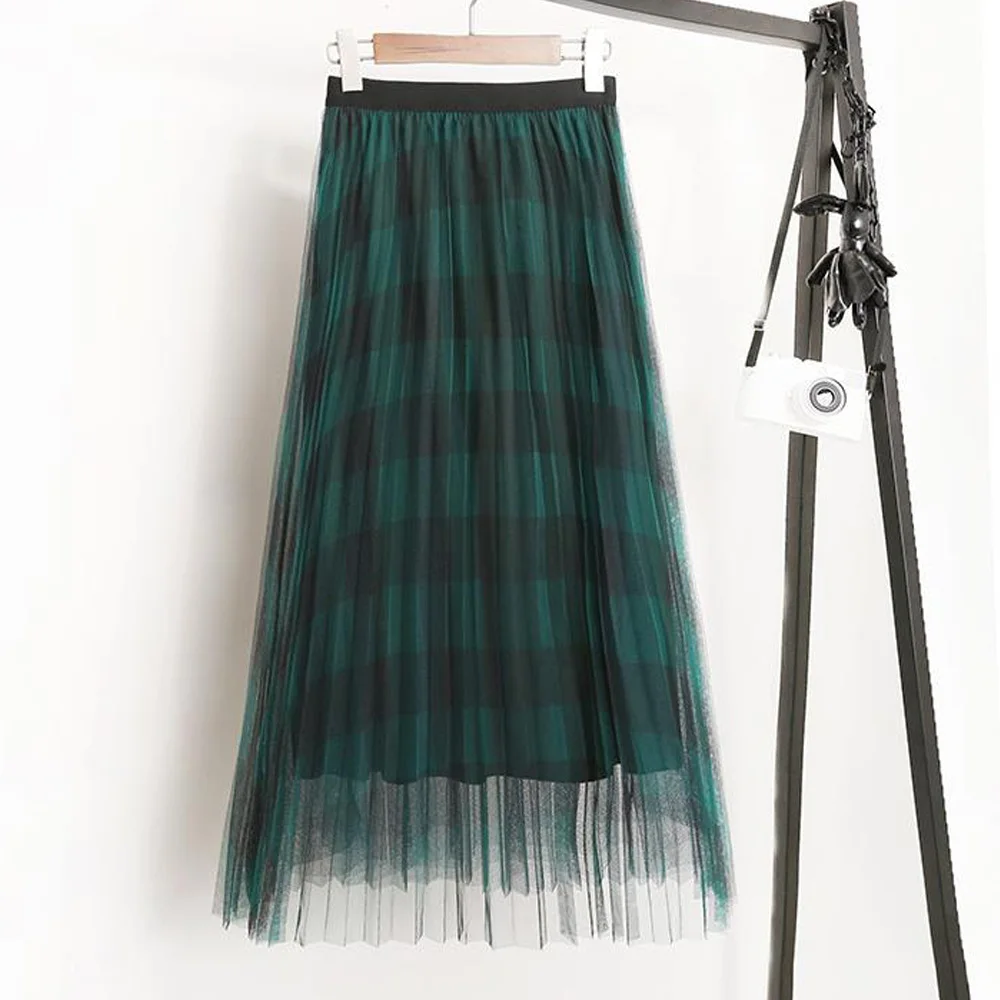 

Mesh Plaid Summer Women Skirt 2021 High Waist Stitching Student Pleated Skirts Womens Tulle Sweet Girls Long Skirts Faldas Mujer