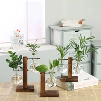 1set hydroponic plant terrarium flower vases wooden support glass bottle tabletop office home bonsai living room decoration