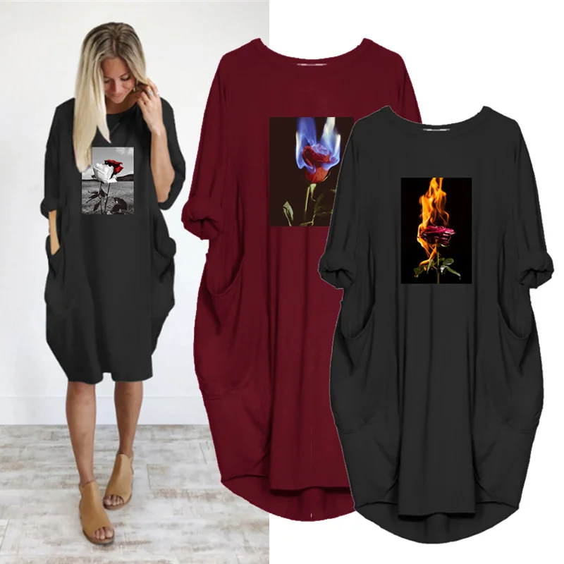 

Women Dress Flame Rose Print Casual Loose Plus Size Autumn Midi Dresses Long Sleeve Pocket Party Pregnant Vintage Streetwear