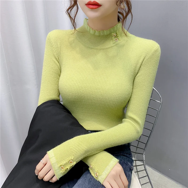 

Elegant Office Lady Knitted Lace Sweater Pullovers Ruffles Solid Long-Sleeved Elastic Pulls Outwear Tops