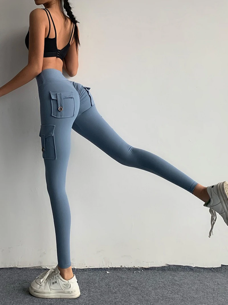 

2021 Casual Women Leggings Solid Pocket High Waist Push Up Cargo Workout Leggings Jeggings Fitness Leggings Female