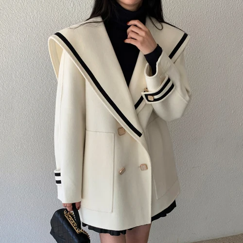 

Blends Contrast Sailor Collar Woolen Coat Women Double Breasted Loose Big Pockets Full Quilted Coats Coats & Jackets Wool