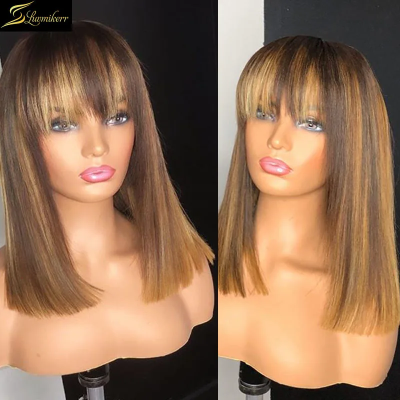 Colored Highlight Short Bob Straight Wig Human Hair Honey Pixie Blunt Cut Full Machine Made Wig For Black Women Lace Front 150%