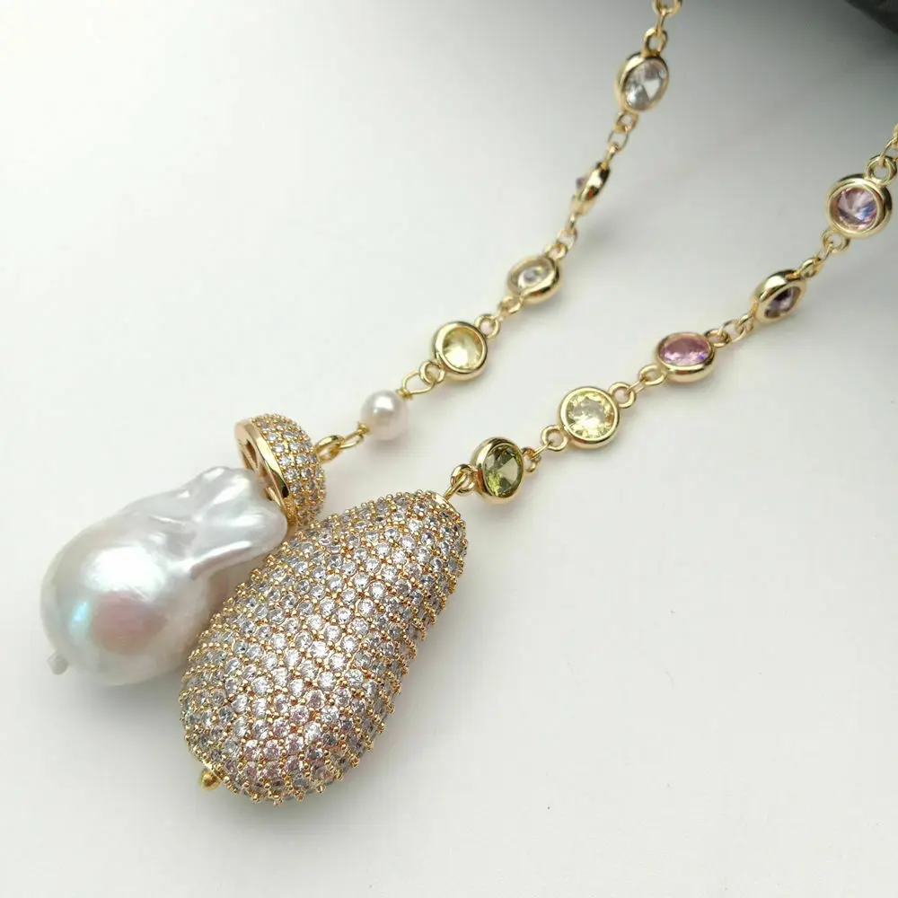 49" White Keshi Pearl multi color Cz Pave Chain Long Necklace