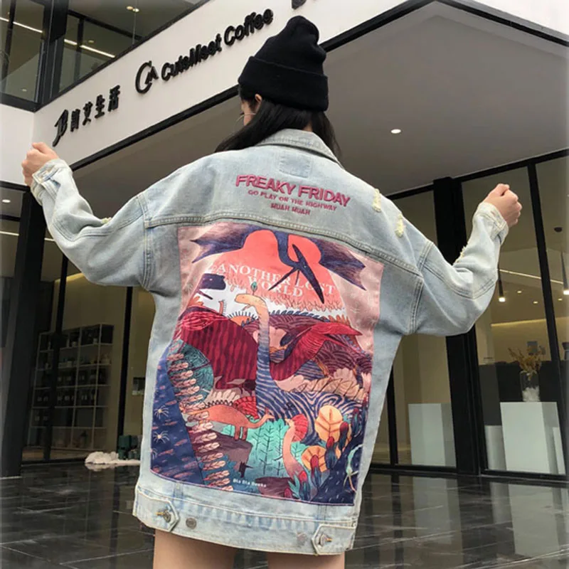 Женская джинсовая куртка с мультяшным рисунком свободная стирающаяся