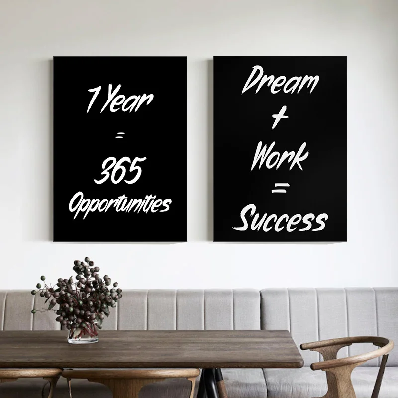 

Black White Motivational Quotes Canvas Painting Wall Art Dream Work Success Letter Poster Modern Home Decoration Office Picture