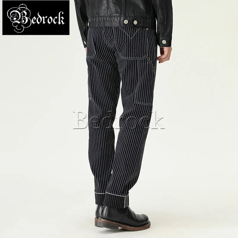 MBBCAR 13oz blue striped jeans washed raw denim vintage stripe cargo pants men Warp weft double dyed stripes pencil pants 7339