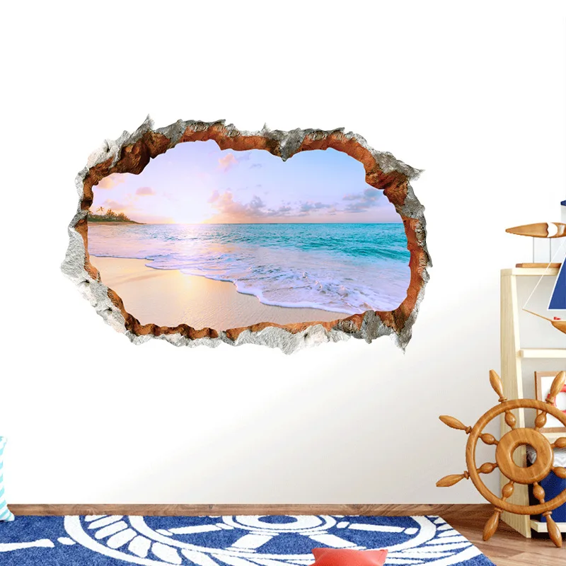 

Wall Sticker Broken Wall Sky Sea Wave Beach Bedroom Background Door Living Room Bedroom Festival Decoration Decals Removable Pvc