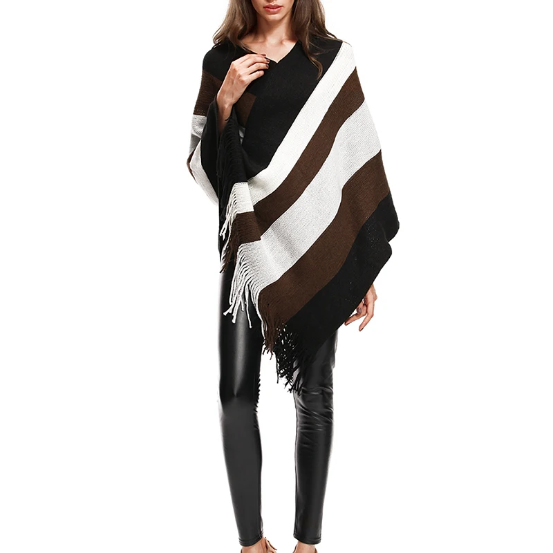 

Cotday New Loose Winter V-neck Knitting Warm Tassel Batwing Sleeve Oversized Casual Striped Women's Sweater