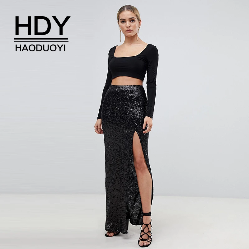 HDY Haoduoyi, Новое поступление, западный стиль, популярная, с разрезом по бокам, высокая талия, длинная секционная, сексуальная, с блестками, летняя, для женщин, для бедер, юбка