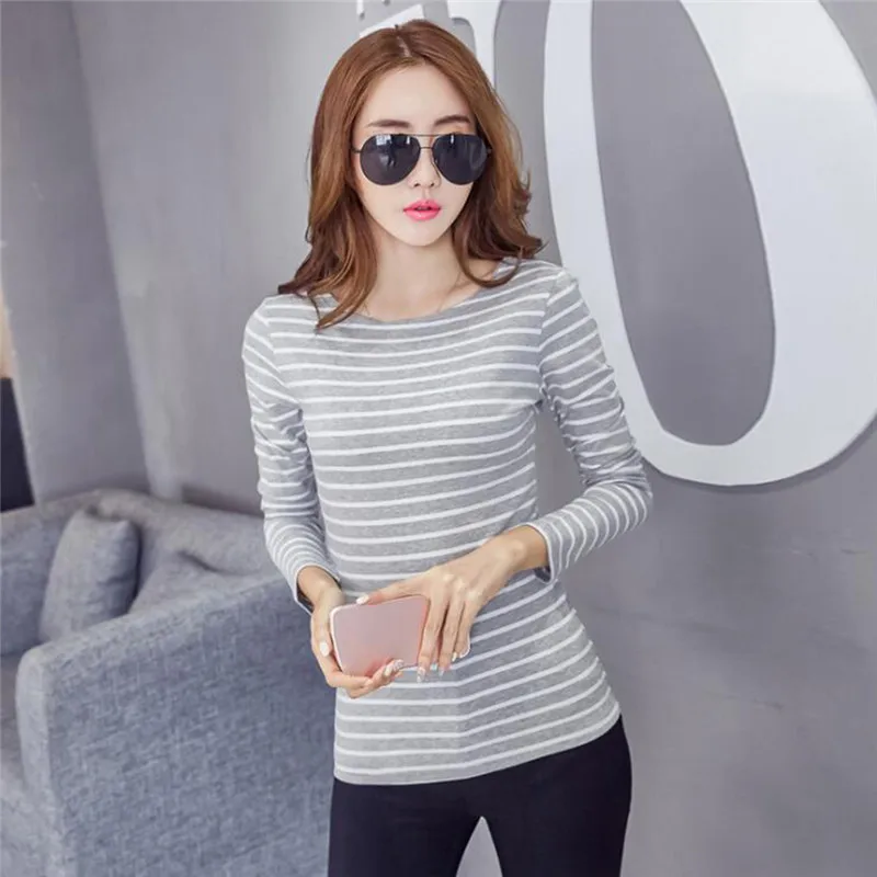Women T-shirt O-neck Striped Full Sleeve Stretch Tops Basic Drop Shoulder Undershirt Perfect Pullover | Женская одежда